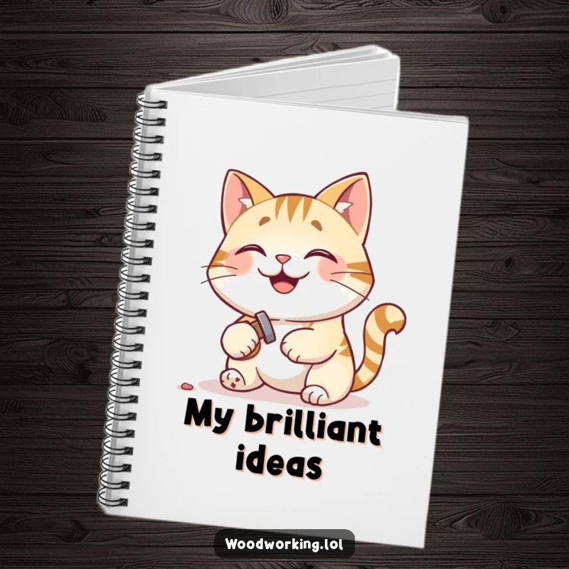 Funny notebook with a smiling cat hammering a tiny nail, ideal for jotting down DIY plans.