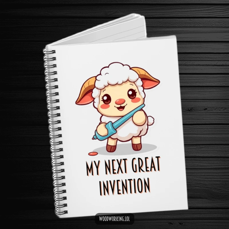 Funny notebook with a cheerful sheep intently using a screwdriver, designed for note-taking and creative brainstorming with a humorous twist.