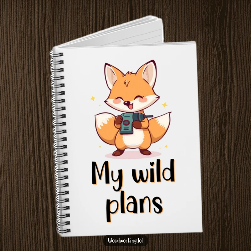 Funny notebook with a happy fox operating a small drill, ideal for jotting down energetic plans.