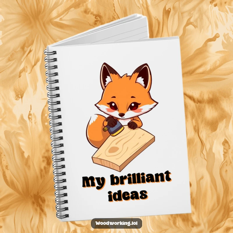 Funny notebook: A determined fox sands wood with focus, ideal for planning projects and jotting down detailed ideas with humorous inspiration.
