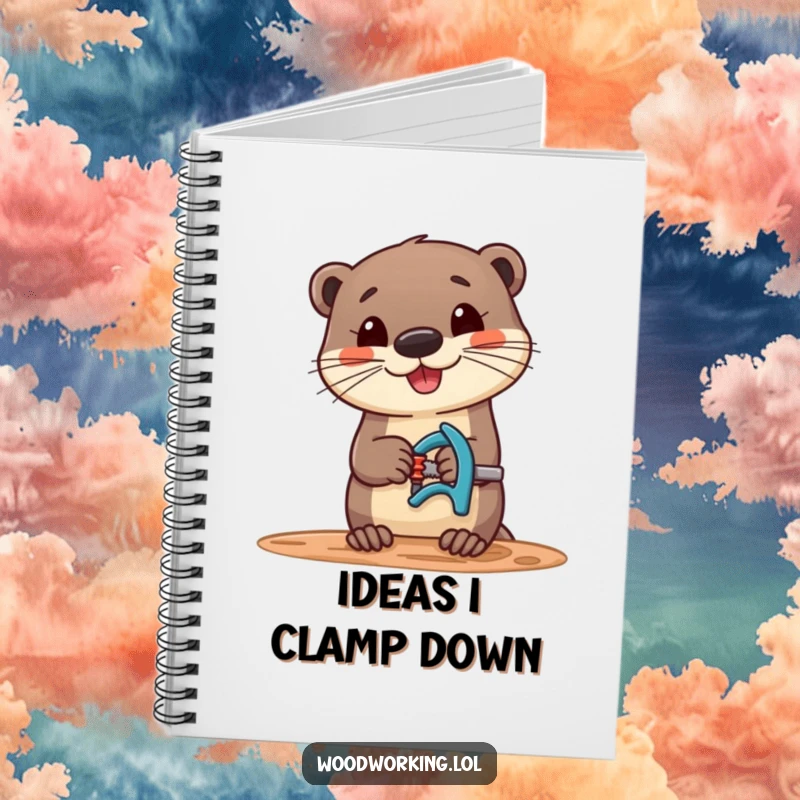 Funny notebook with a cheerful otter using a clamp on wood, designed for capturing creative ideas.