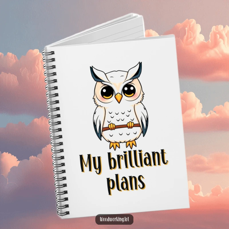 Funny owl notebook with a content owl sketching a birdhouse blueprint, perfect for notes and design sketches.
