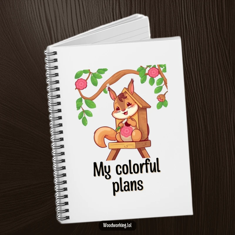 Funny squirrel busy painting a birdhouse on a creative notebook cover, perfect for journaling.