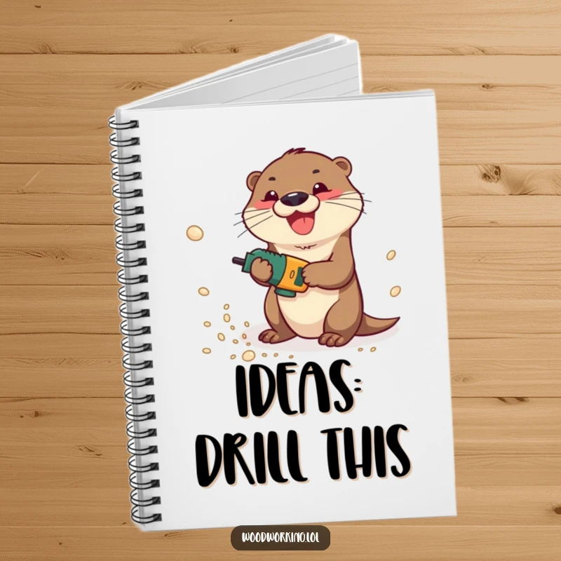 Funny otter gleefully operating a power drill, creating clouds of sawdust, on a notebook for energetic planning.