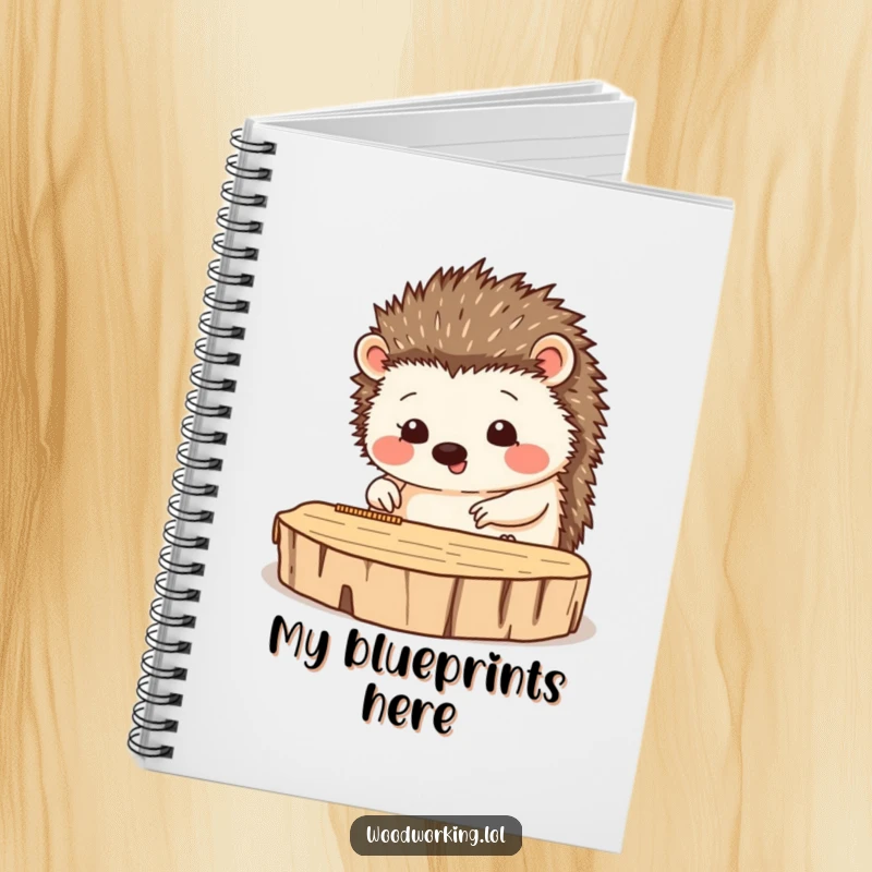 Funny notebook with a happy hedgehog measuring wood, ideal for jotting down precise plans.