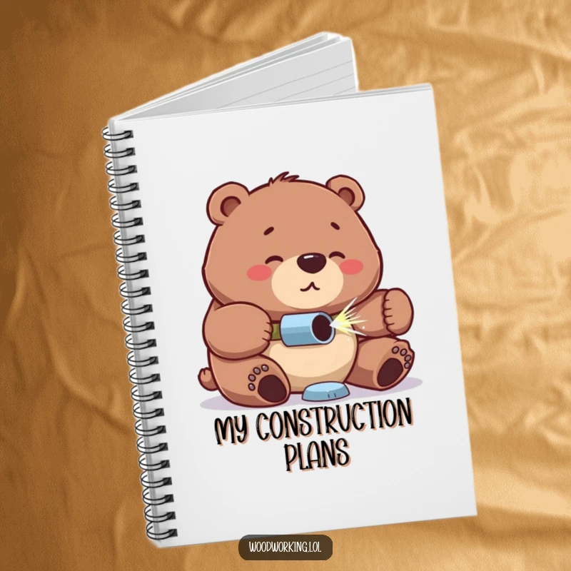 Funny bear notebook, proud expression, concentrated look drilling, perfect for note-taking with a humorous and industrious flair.