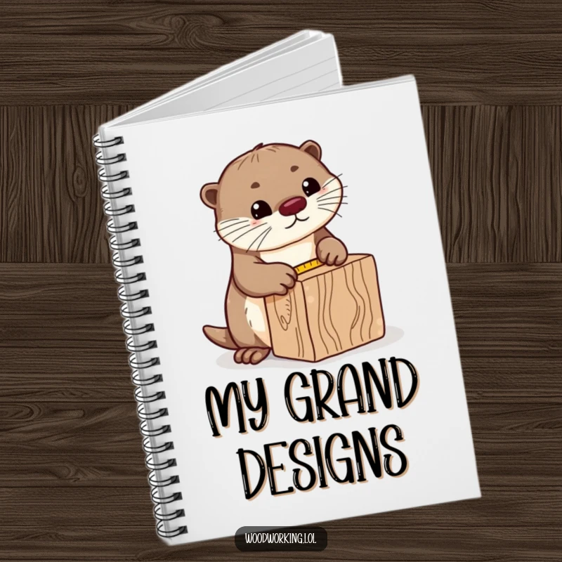 Funny curious otter notebook, precisely measuring a block of wood with a tape measure, ready to capture detailed notes and plans.