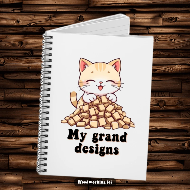 Funny cat notebook with a happy cat carefully placing wood chips into a pile, perfect for notes and crafting plans.