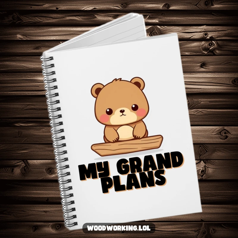 Funny Bear Carpenter Notebook showing a serious bear leveling wood, a humorous and functional gift for note-takers.