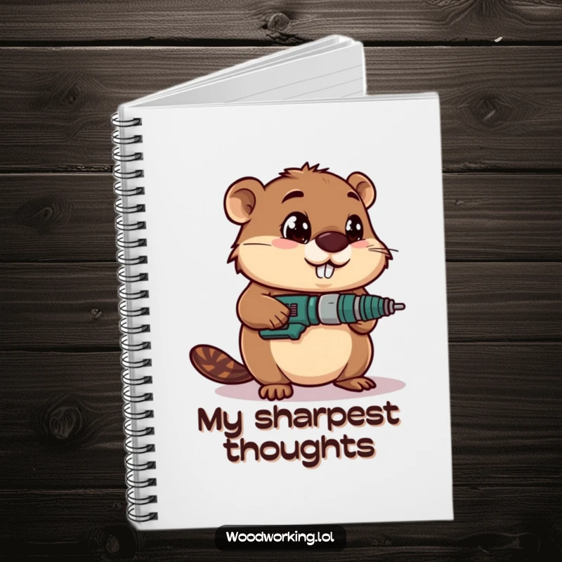 Funny notebook cover with a determined beaver using a drill with wide-eyed focus, designed for planners.
