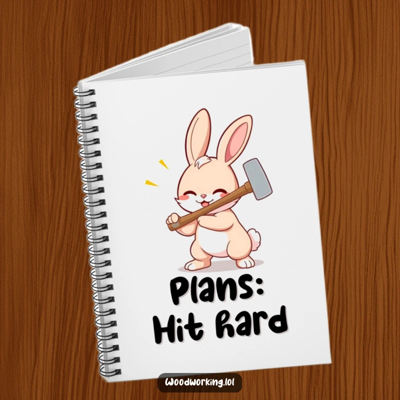 Funny bunny notebook, a cartoon bunny using a hammer with exaggerated force, inspiring creative and humorous note-taking.