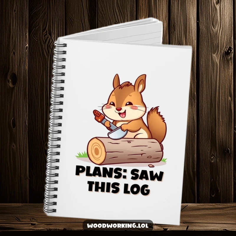 Funny chipmunk sawing a log with a miniature saw, on a notebook for jotting down ideas with humor.
