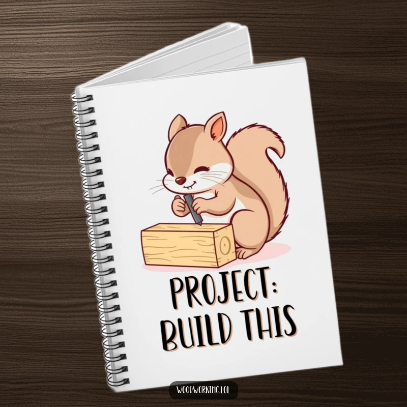 Funny squirrel diligently screwing two small wooden planks together, on a notebook for diligent planning.