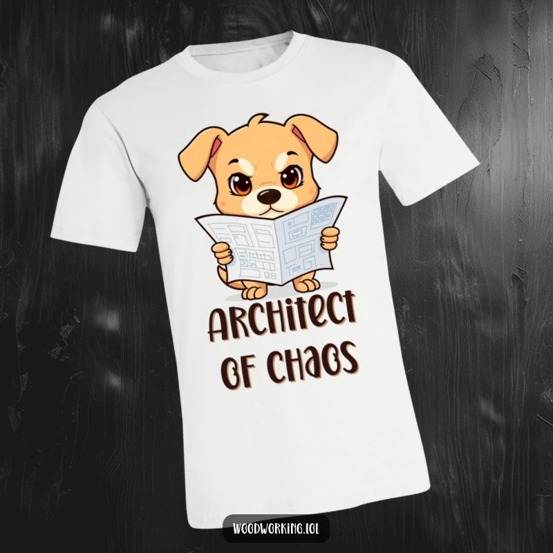 Funny Dog T-Shirt: A determined dog concentrating on a blueprint, ready to build, a funny gift.