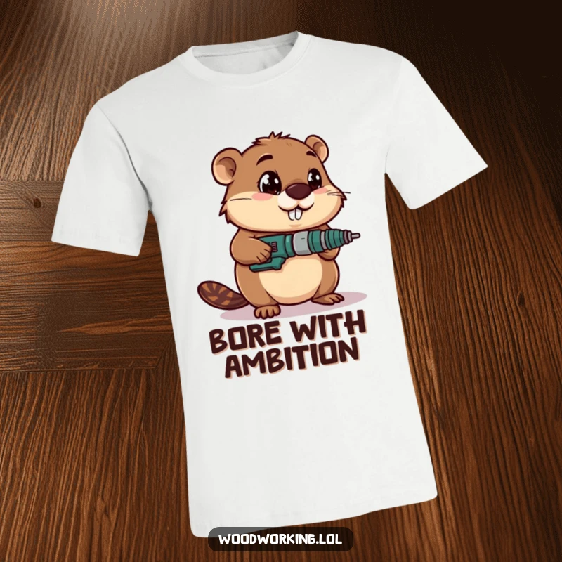 Funny t-shirt graphic of a determined beaver with wide-eyed focus using a power drill, ideal for builders.