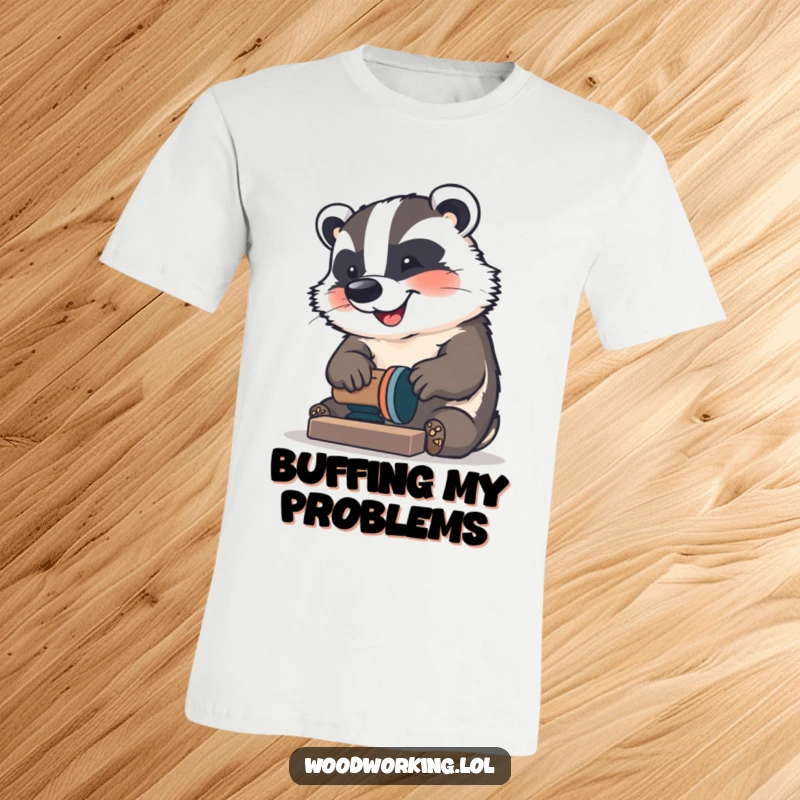 Funny Badger T-Shirt: A happy badger sanding wood with concentration, a funny gift for crafters.