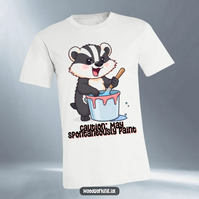 Funny badger wearing an apron, vigorously stirring a bucket of colorful paint, showcasing artistic energy and a humorous zest for life.