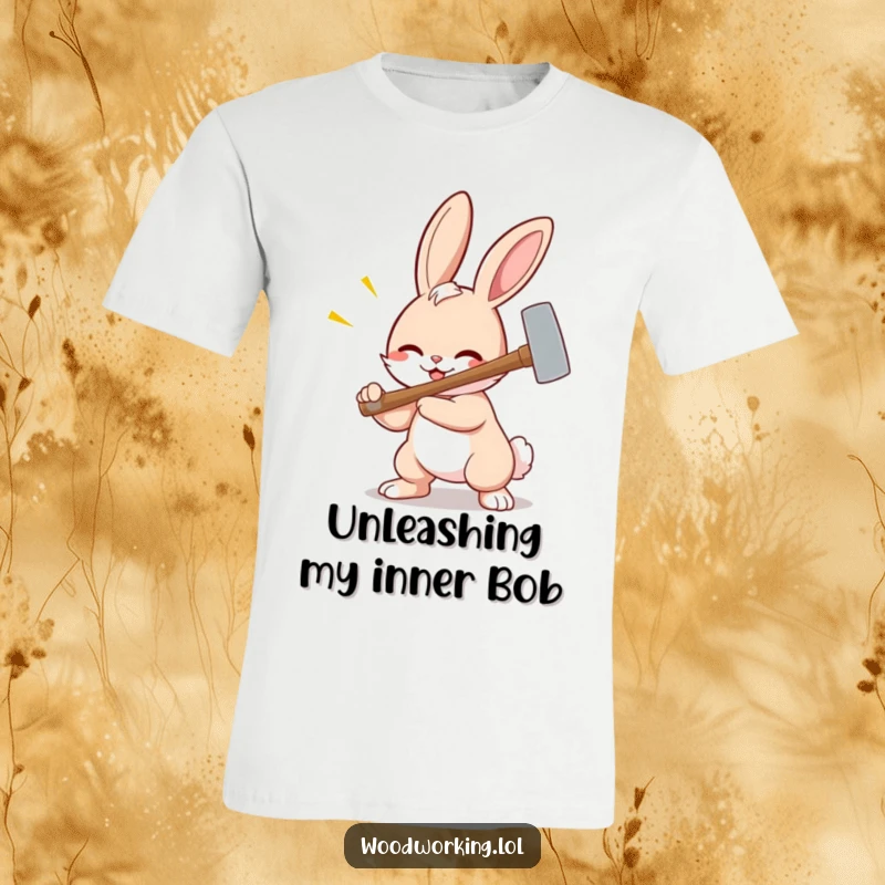 Funny bunny t-shirt, a smiling cartoon bunny wielding a hammer with exaggerated might, ready to build or destroy.