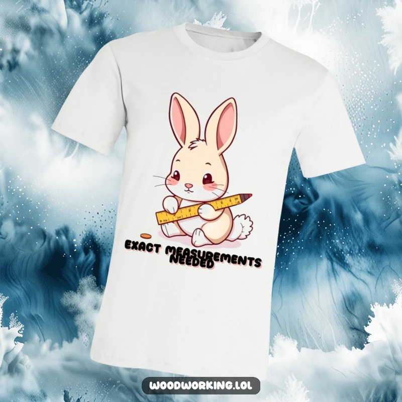 Funny t-shirt graphic of a curious rabbit carefully measuring a piece of wood with a ruler and pencil.