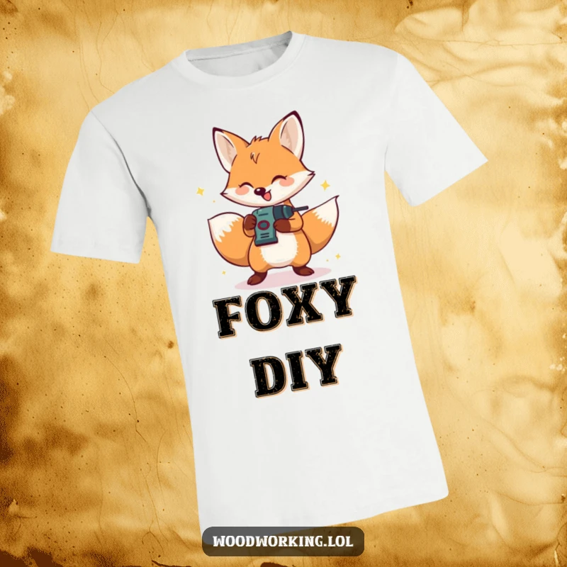 Funny t-shirt design of a happy, bouncing fox using a small drill with great enthusiasm.