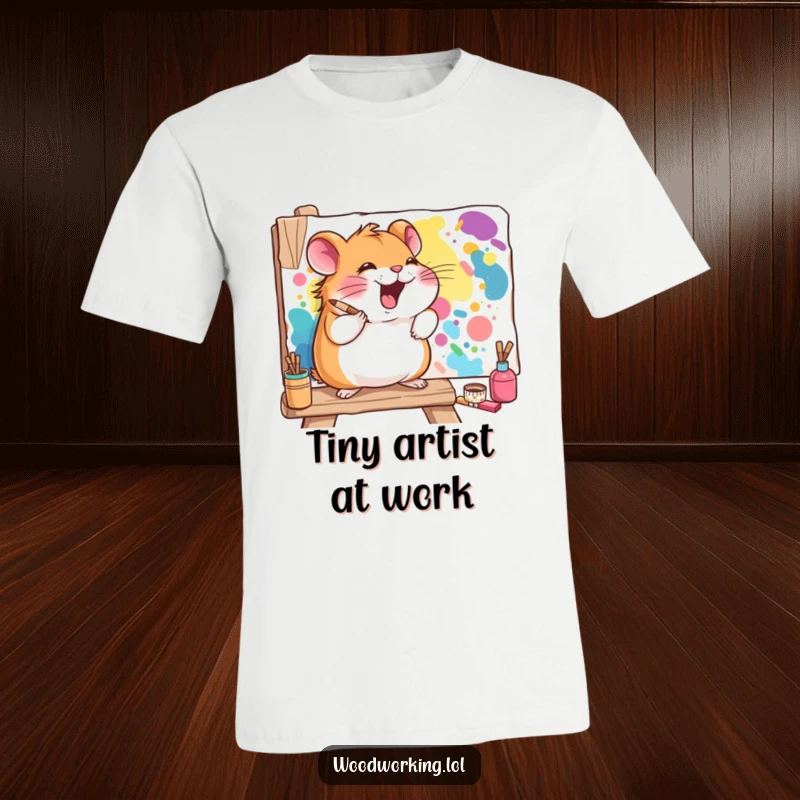 Funny hamster t-shirt depicting a giggling hamster joyfully painting a vibrant mural on a wooden board, showcasing artistic talent.
