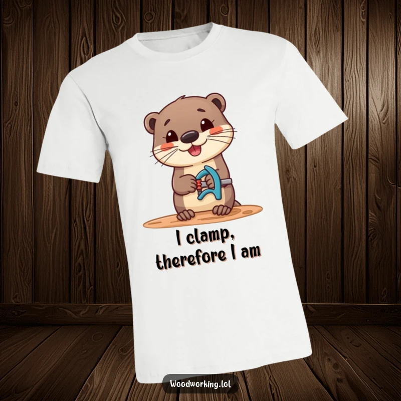 Funny t-shirt featuring a cheerful otter with a clamp, demonstrating skillful woodworking with a focused, happy expression.