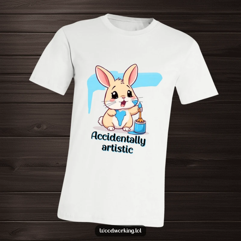 Funny rabbit t-shirt featuring a surprised bunny covered head to toe in bright blue paint, celebrating art and humor.