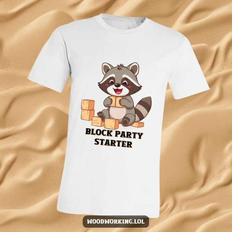 Funny Raccoon T-Shirt: A jolly raccoon building with blocks, cheerful and fun, a funny gift.