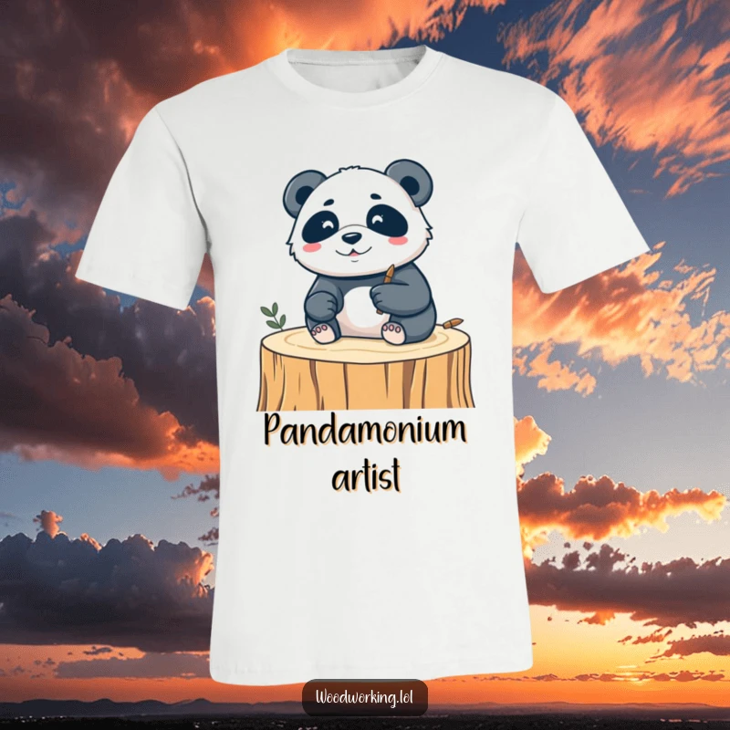 Funny t-shirt depicting a silly panda skillfully carving a delicate design into wood, celebrating artistic talent and humor.