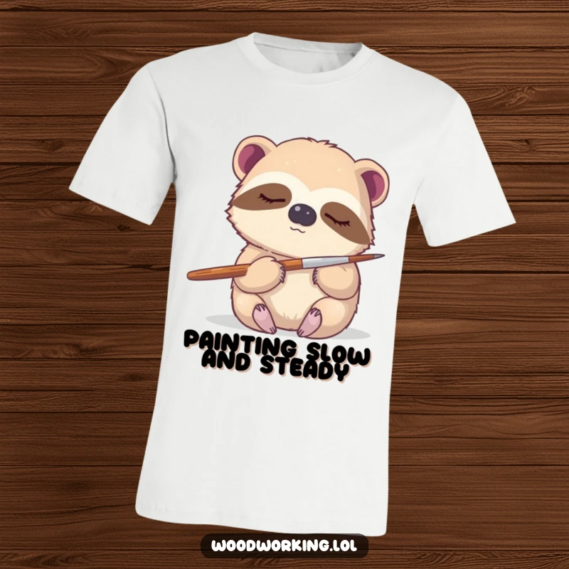 Funny sloth t-shirt, a sleepy sloth gently holding a paintbrush, embodying patience and artistic dedication.