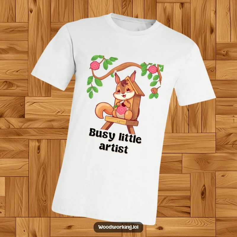 Cheerful squirrel painting a birdhouse with bright patterns on a fun t-shirt, ideal for art enthusiasts.