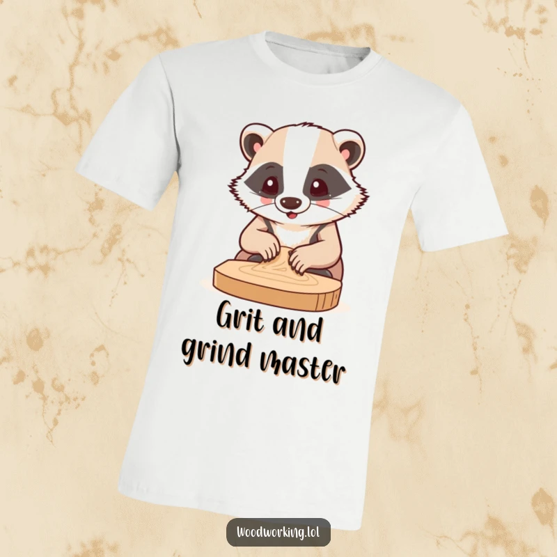 Funny t-shirt graphic of a happy badger concentrating intensely while sanding a piece of wood, ideal for DIY enthusiasts.