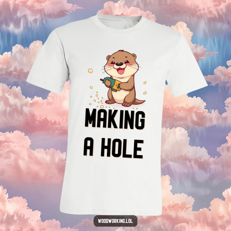 Funny otter character gleefully operating a power drill, creating sawdust clouds, highlighting playful energy.