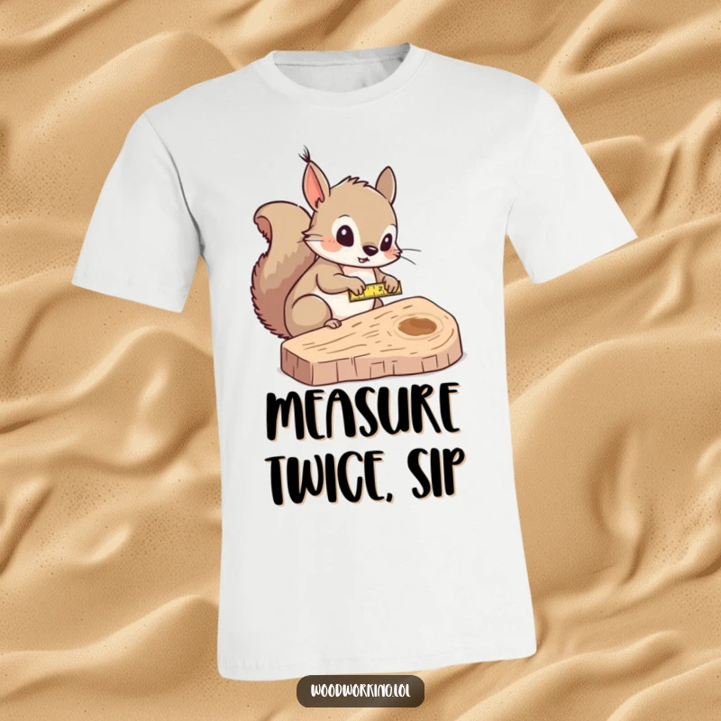 Funny squirrel measurer t-shirt, curiously measuring wood with a tape measure, perfect for DIY enthusiasts.