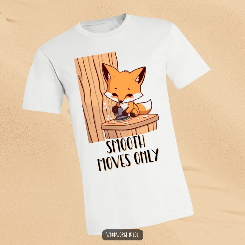 Funny fox carpenter t-shirt, a determined artisan focused on sanding wood, showcasing DIY passion and humor.