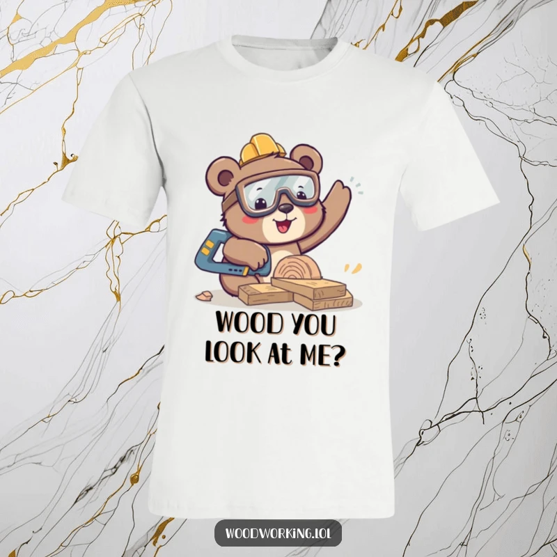 Funny bear wearing safety goggles, sawing wood with a smile, woodworking theme, great for crafters, funny gift.