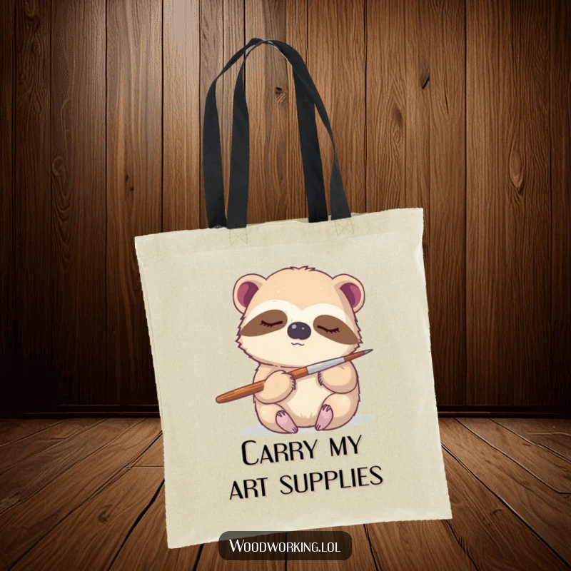 Funny sloth tote bag, a sleepy sloth gently holding a paintbrush, ready for artistic endeavors or daily adventures.