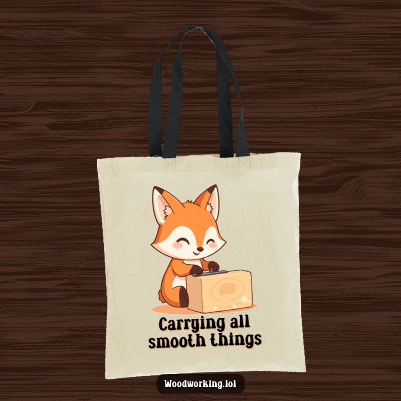 Funny fox wearing safety goggles, sanding wood, stylish tote bag, crafty woodworking theme, perfect funny gift.