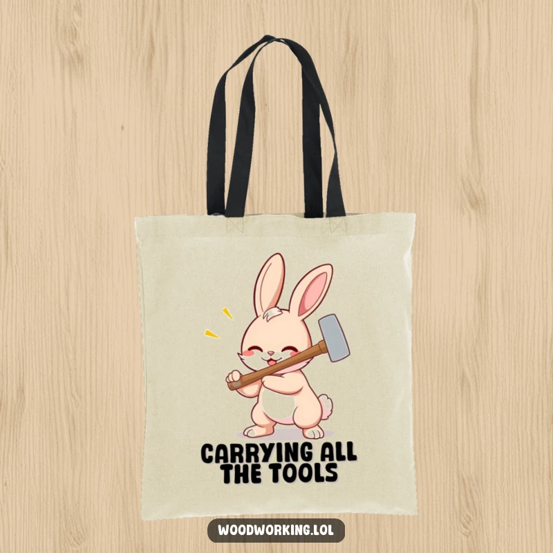 Funny bunny tote bag, a smiling bunny enthusiastically swinging a hammer, ready for any task, cartoon art.