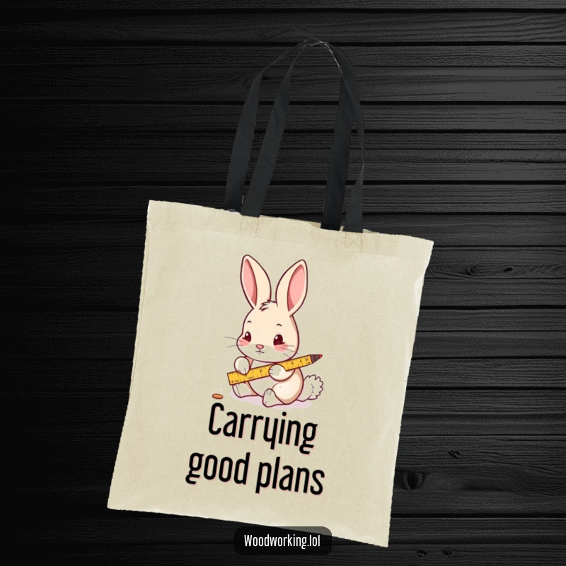 Funny tote bag illustration of a curious rabbit carefully measuring wood with a ruler and pencil, great for crafters.