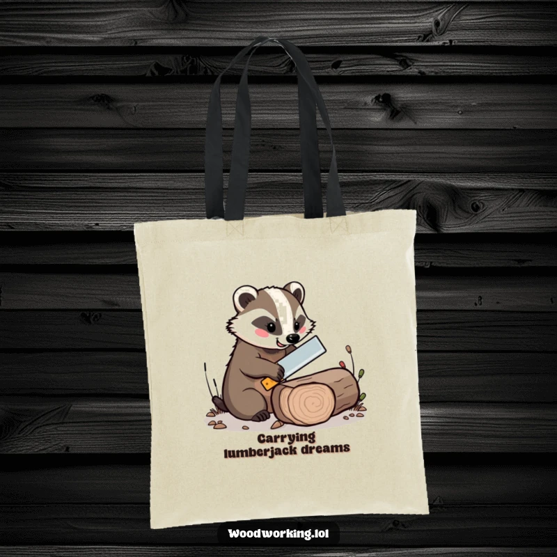 Funny tote bag with a cheerful badger expertly sawing a log with a tiny saw, a charming accessory.