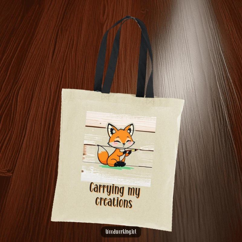 Funny playful fox carefully painting a colorful design on a wooden plank, a humorous tote bag.