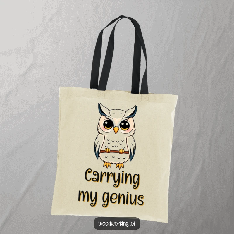 Funny owl tote bag showing a content owl sketching a birdhouse blueprint, perfect for carrying plans and inspiration.