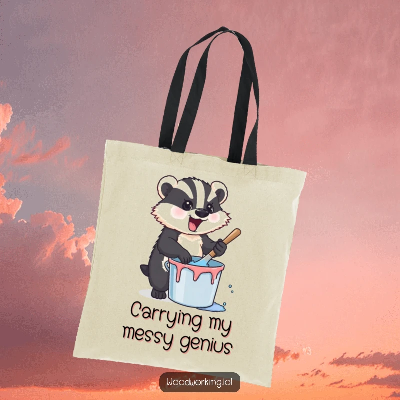 Funny badger stirring paint in a bucket, depicted on a tote bag, symbolizing artistic passion and a humorous approach to carrying essentials.