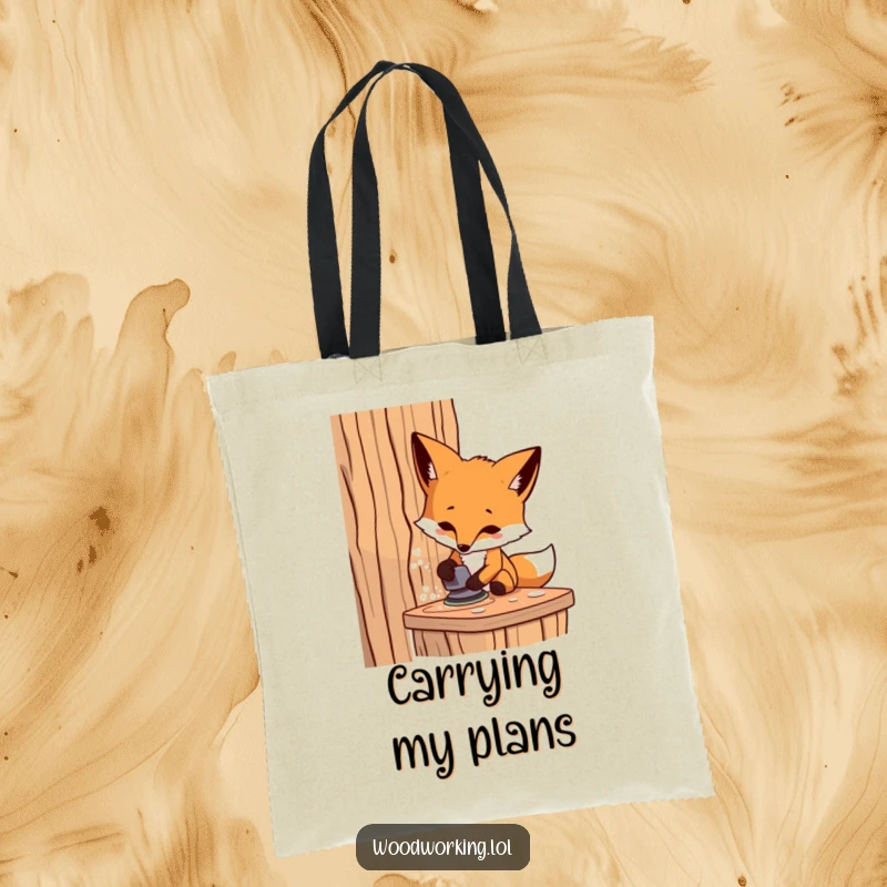 Funny fox carpenter tote bag, a determined artisan sanding wood, perfect for carrying tools and showing off humor.