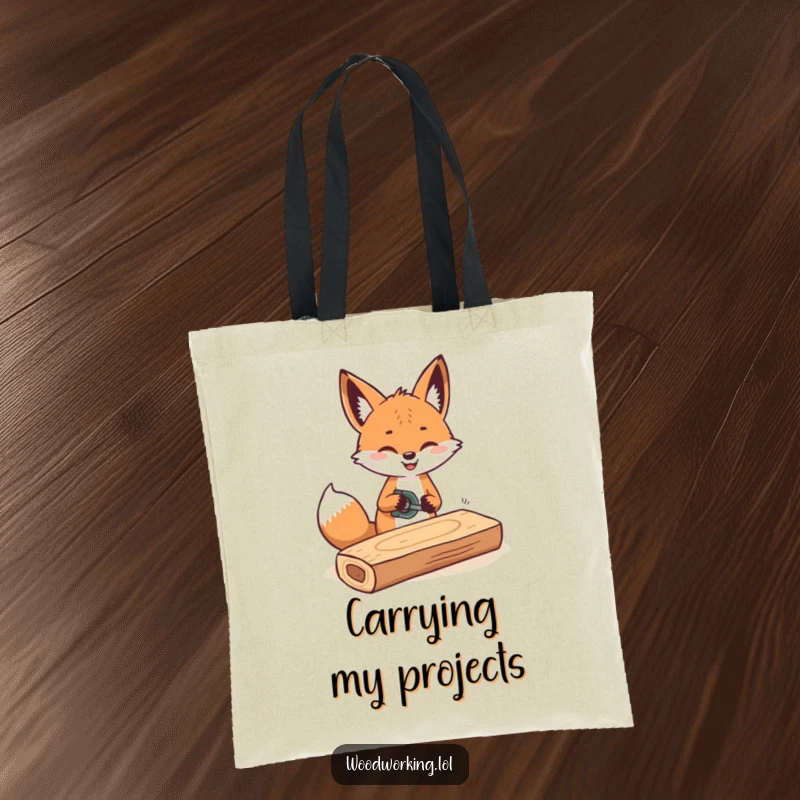 Funny tote bag illustration of a cheerful fox sawing a plank of wood with rhythmic movements, great for crafters.