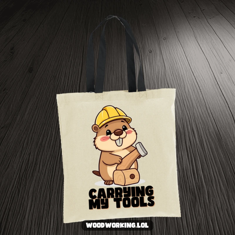 Funny tote bag showing a happy beaver wearing a tiny hard hat, hammering a delightfully wonky wooden toy.