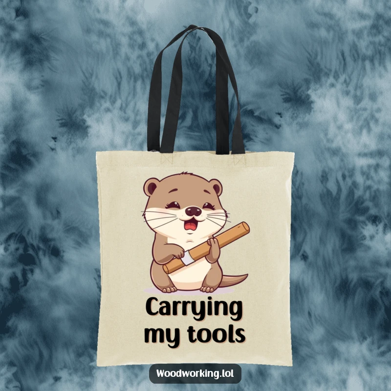 Funny otter tote bag, giggling and focused, using a chisel with dexterity, showcasing skill and creativity.