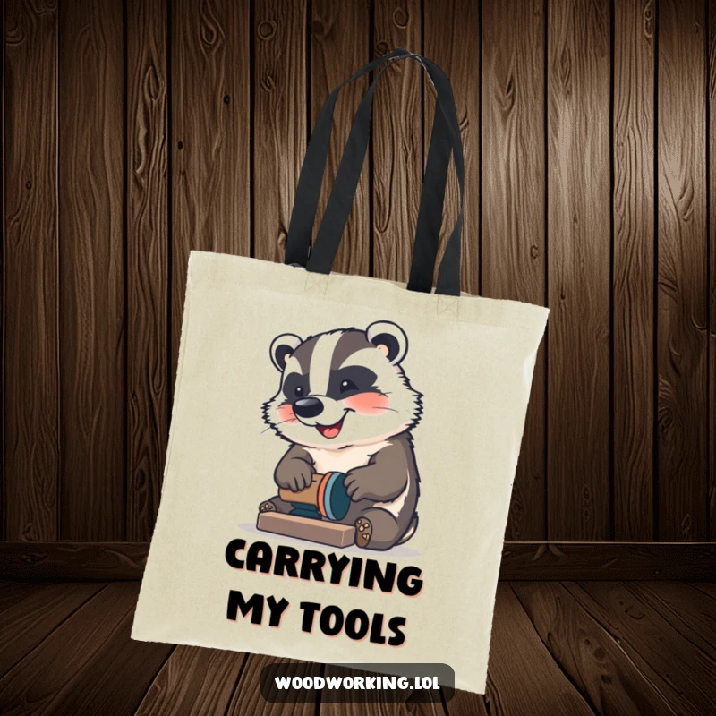 Funny Badger Tote Bag: A happy badger sanding wood, perfect for tools, a funny gift.