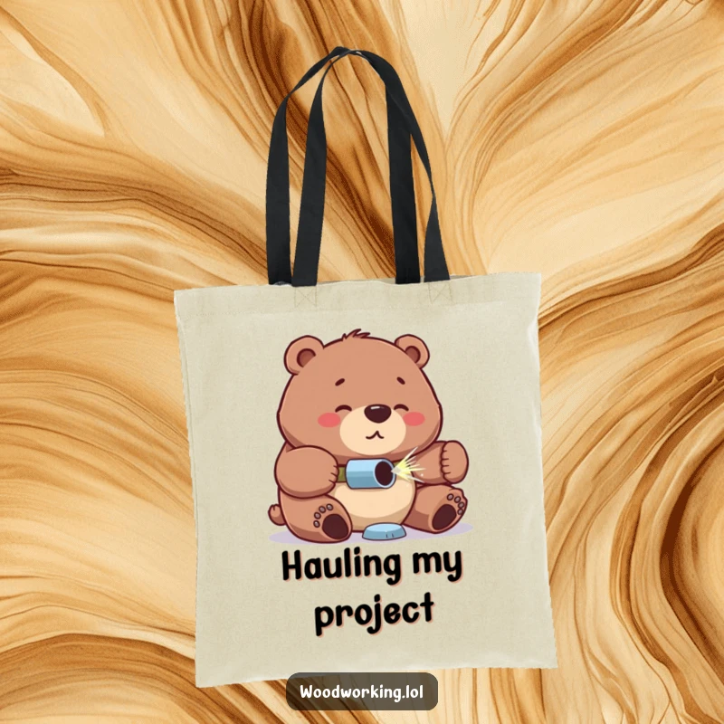 Funny bear tote bag, proud and concentrated, drilling a hole, showcasing a determined and skilled approach to tasks.